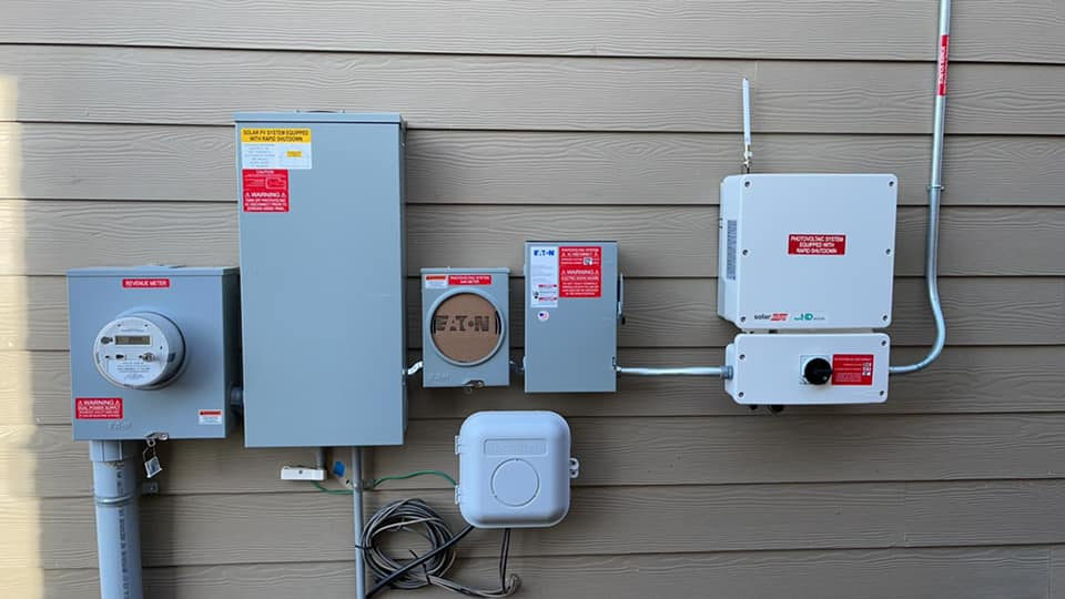 A completed solar interconnection on the side of a house: revenue meter, PV disconnects, Eaton fused disconnect and a SolarEdge inverter, all labelled with rapid-shutdown placards.
